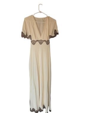 Vintage Pimehurtst Lingerie, Cream Maxi Lingerie Gown with Brown Lace Trim